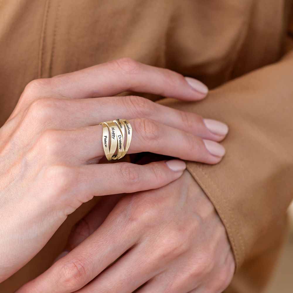 Customizable wide gold ring on model My Keepsake Story